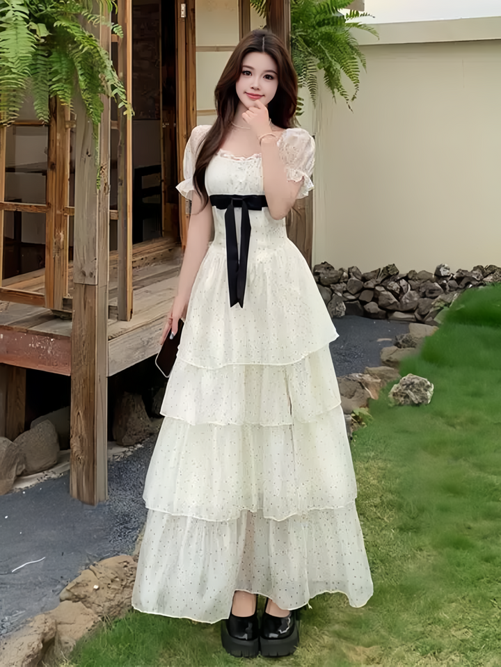 【dress】ドットビッグリボングティアードワンピース Q8540