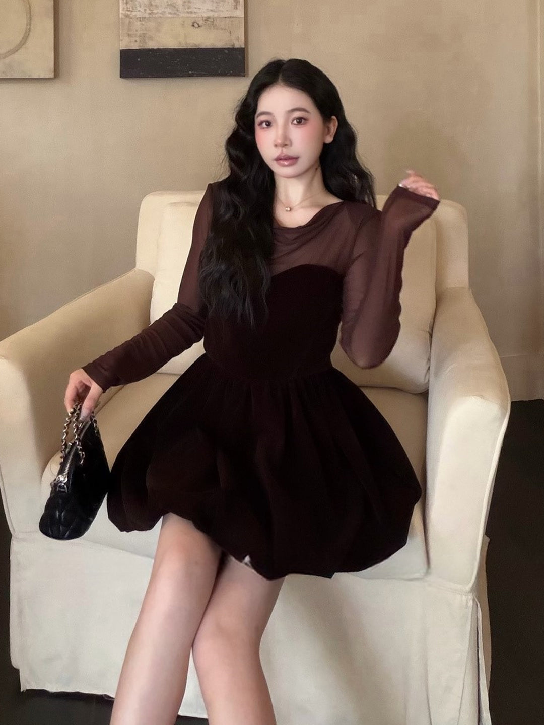 【dress】シアーチュールドッキングバルーンワンピース Q9090