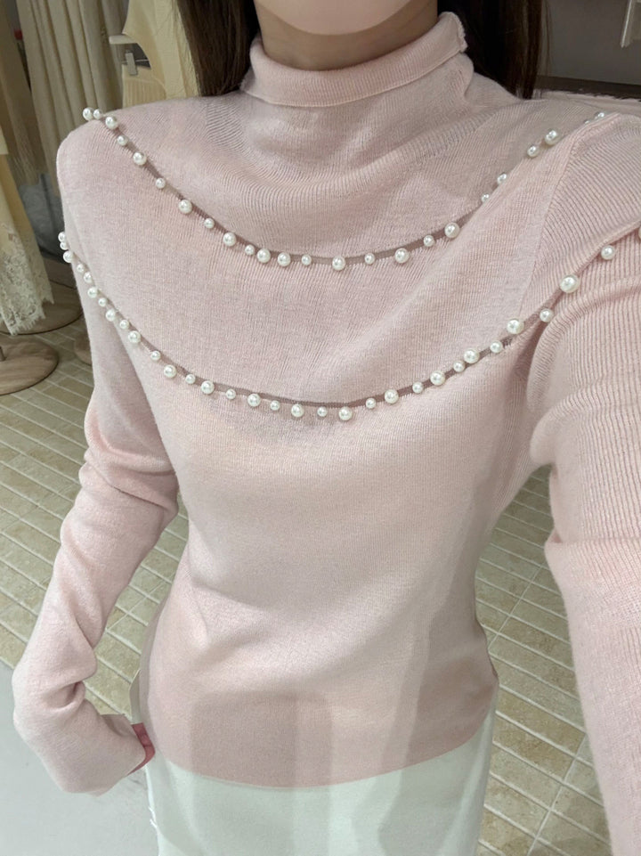 【tops】パール付きハイネックニットトップス Q9133