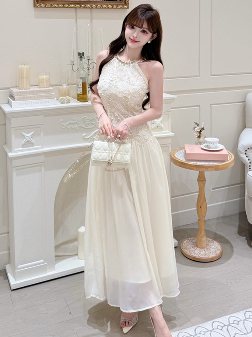 【dress】ノースリーブレースドッキングロングワンピース Q8685