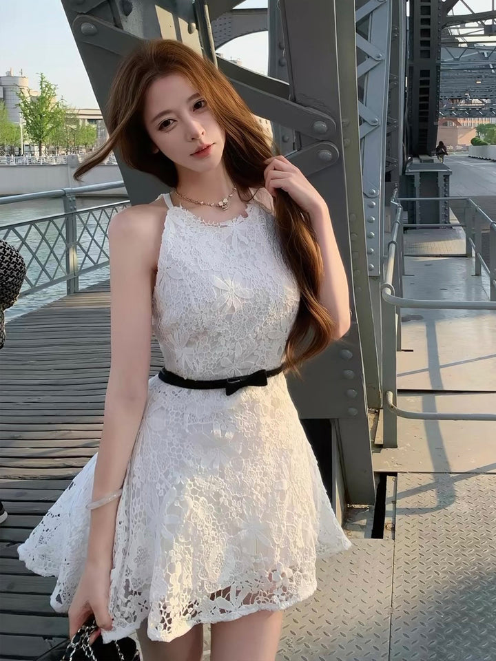 【dress】ベルト付きノースリーブレースワンピース Q8755