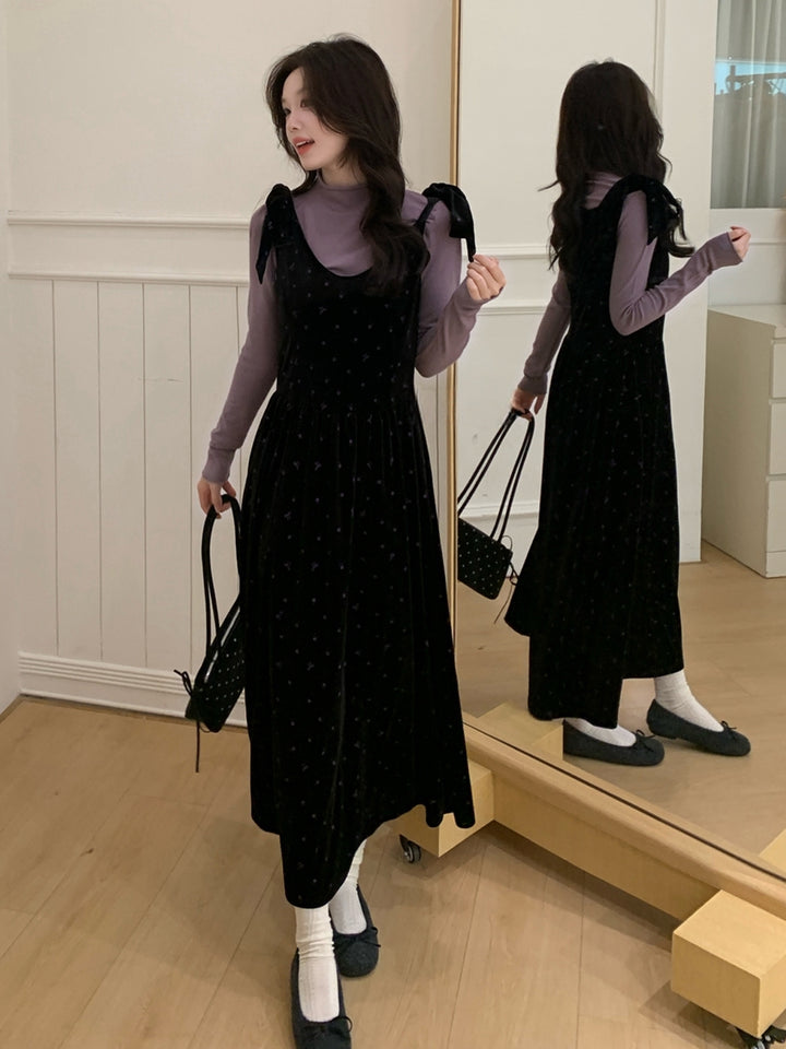 【set】ベルベットロングワンピース×ハイネックトップスセット Q9244