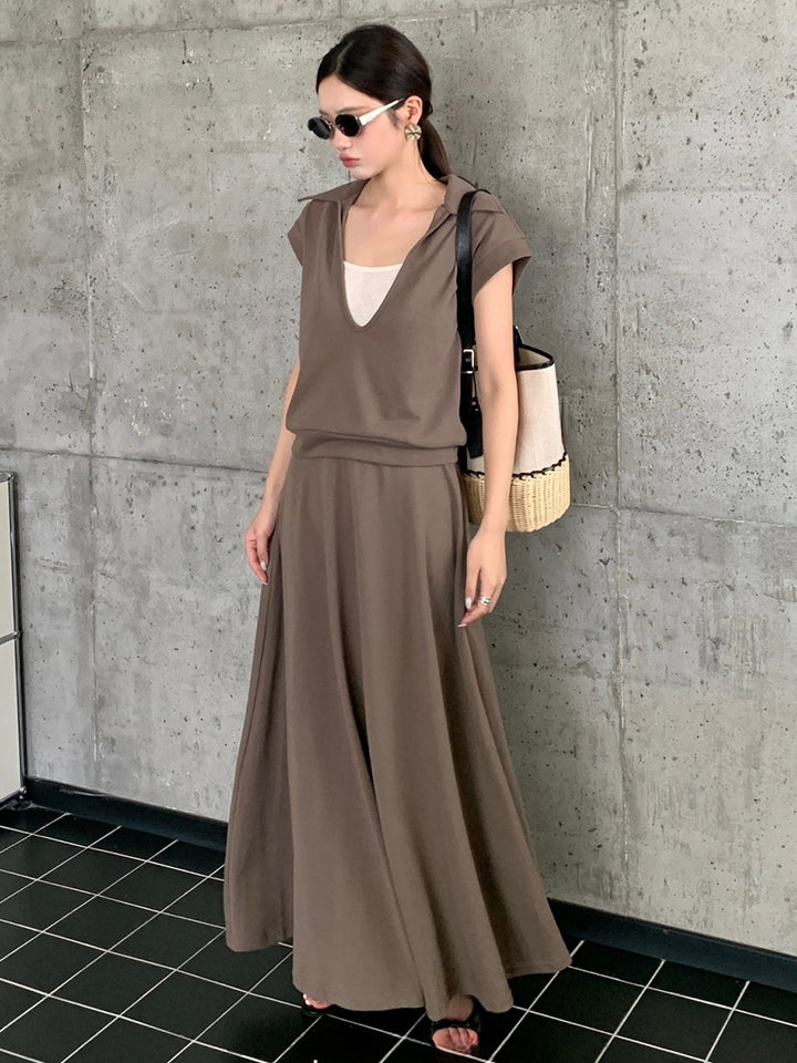 【set】フェイクレイヤードトップス×ロングスカートセット Q8660