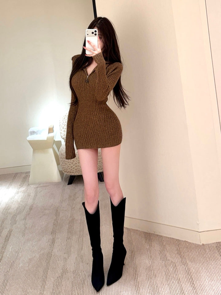 【dress】折り襟ニットミニワンピース Q9277