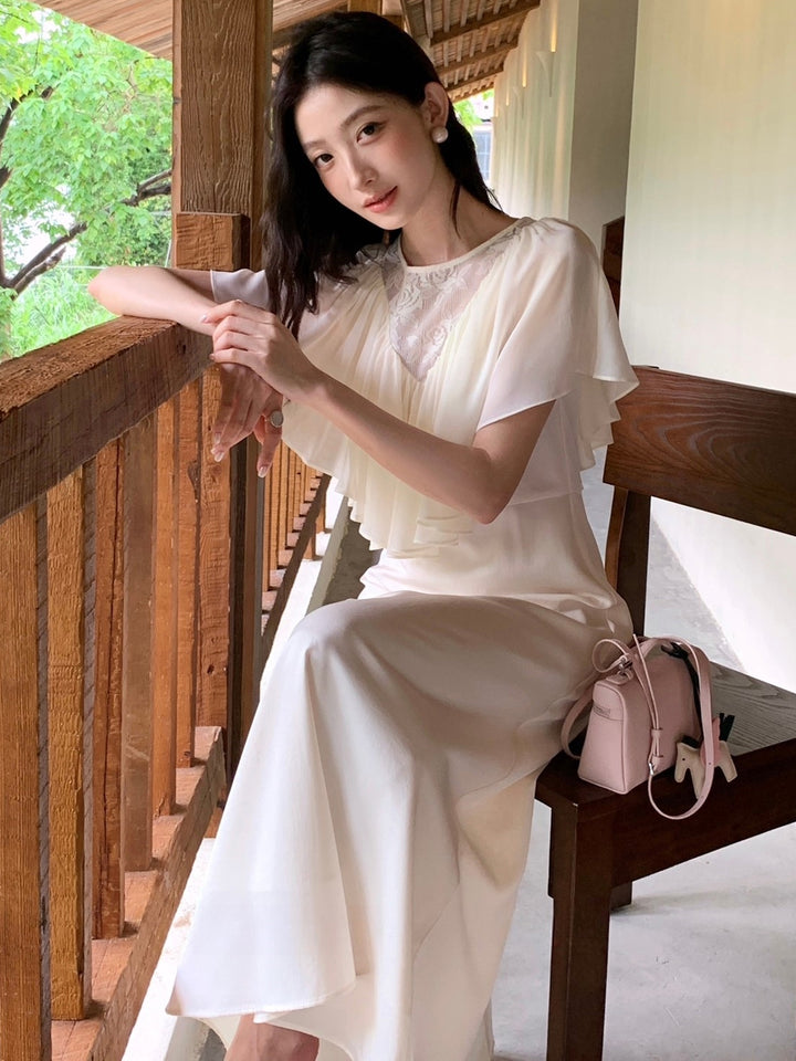 【dress】レースドッキングハンカチーフスリーブロングワンピース Q8675