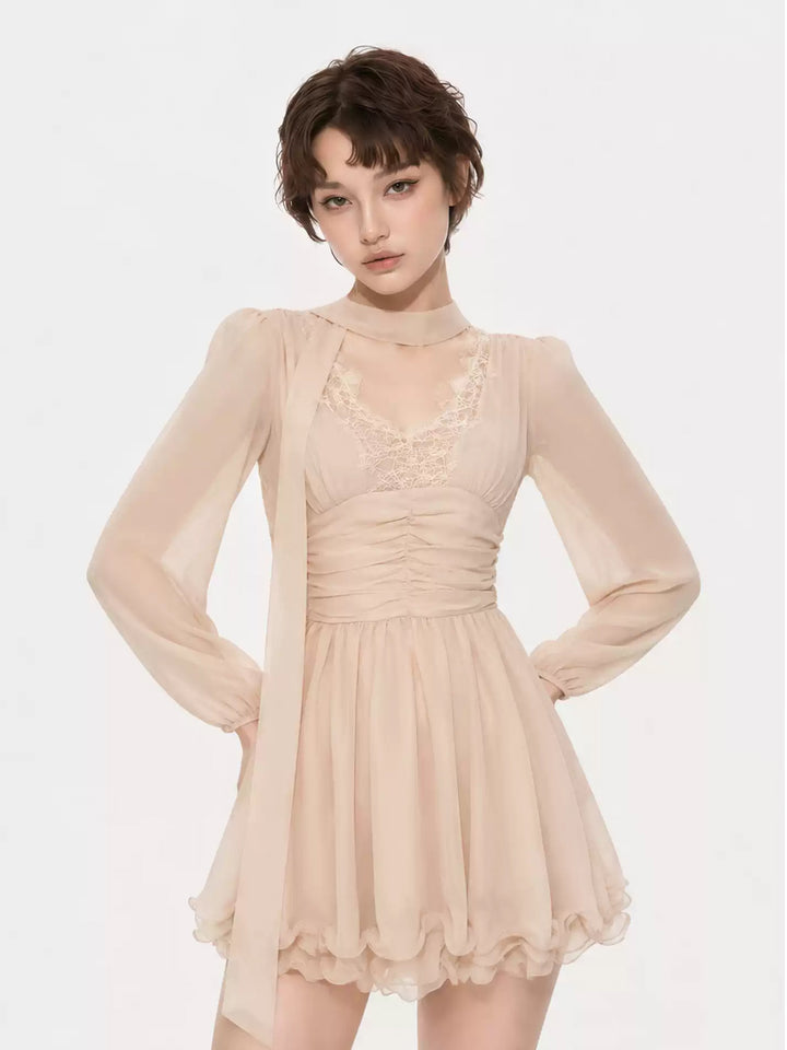 【dress】レースドッキングチュールワンピース Q9106
