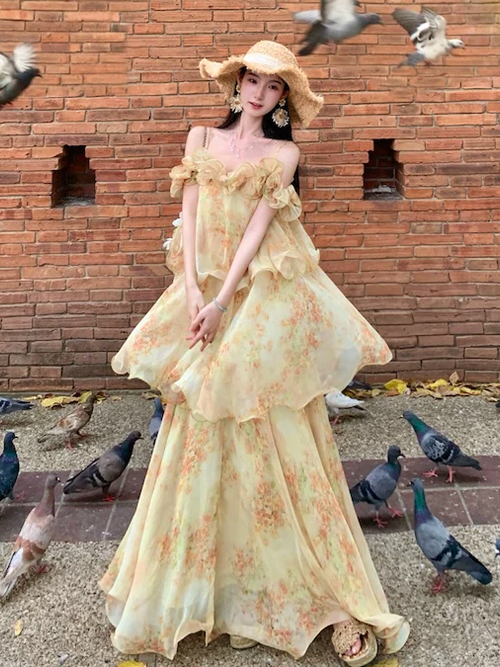 【dress】フラワー柄ギャザーフリルロングキャミワンピース Q8552