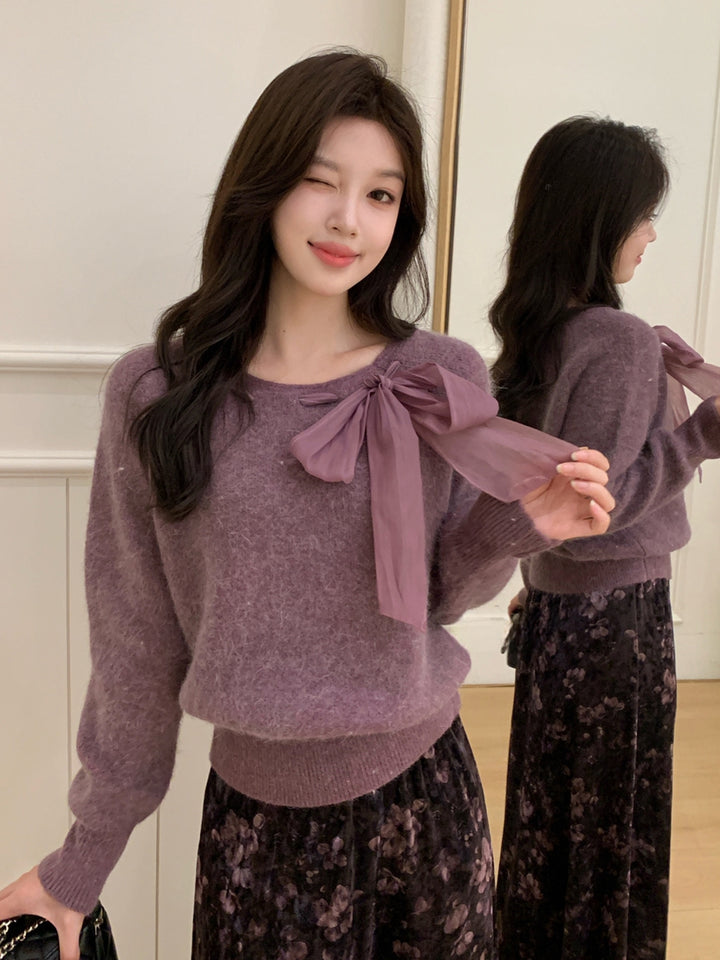 【tops】ビッグリボン付きニットトップス Q9243