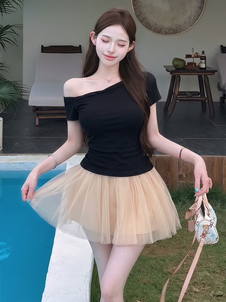 【bottoms】チュールフレアミニスカート Q8595