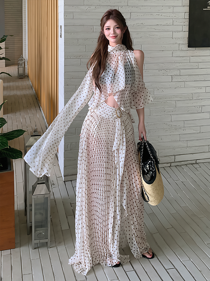 【set】ドット柄シャツ×ロングスカートセット Q8598