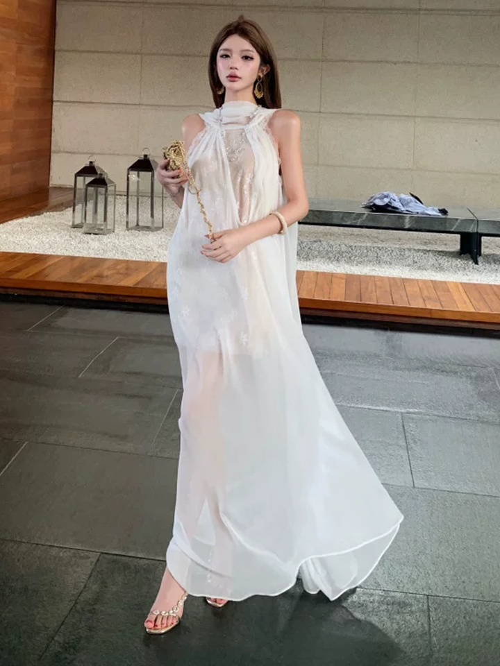 【dress】レースドッキングシアーチュールロングワンピース Q8585