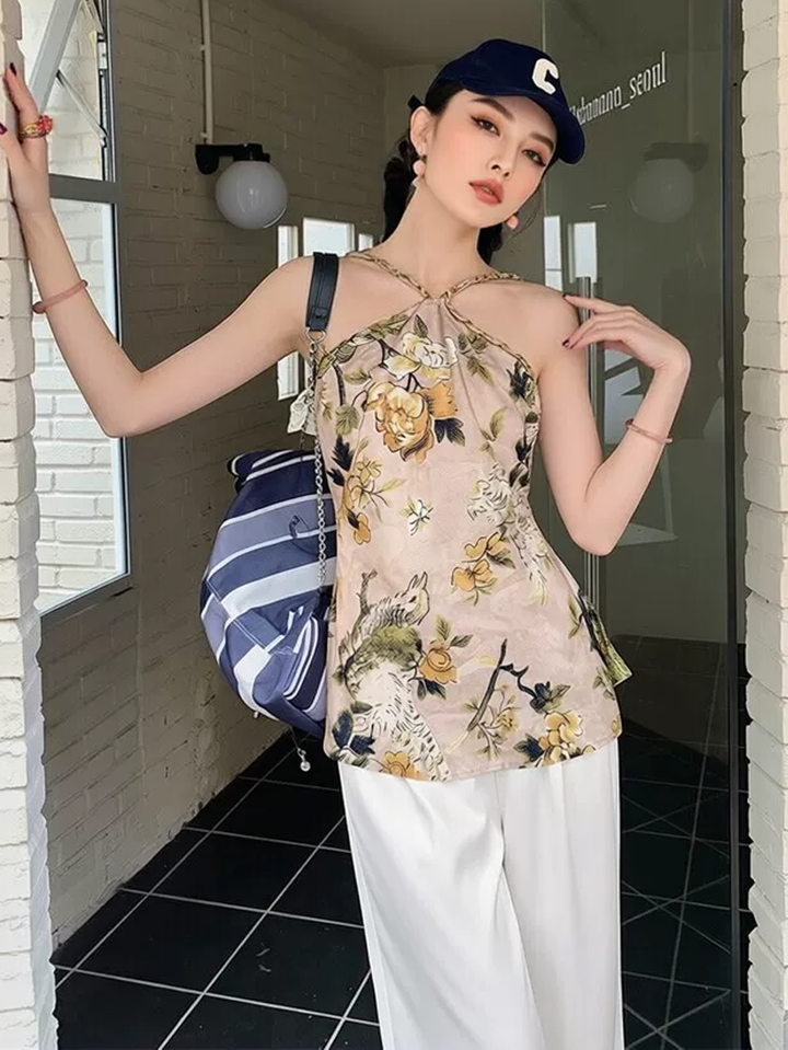 【tops】フラワー柄ホルターネックトップス Q8555