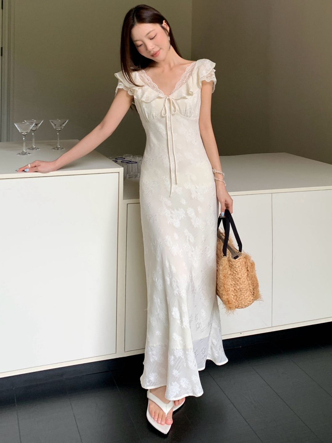 【dress】レースドッキングフラッタースリーブワンピース Q8658