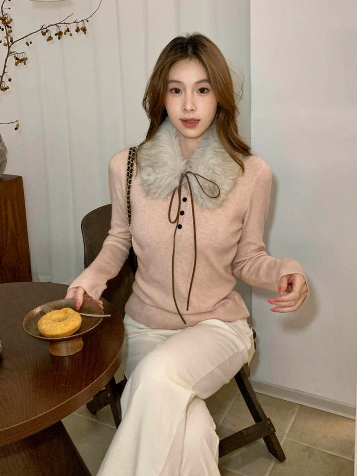 【tops】ファースカーフ付きニットトップス Q9324