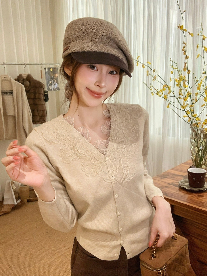 【outer】刺繍レース付きニットカーディガン Q9288