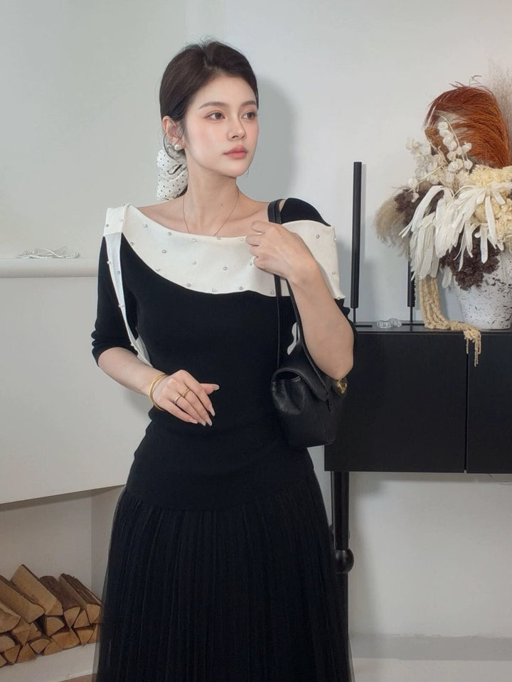 【tops】ラインストーン付きロールカラーニットトップス Q9076