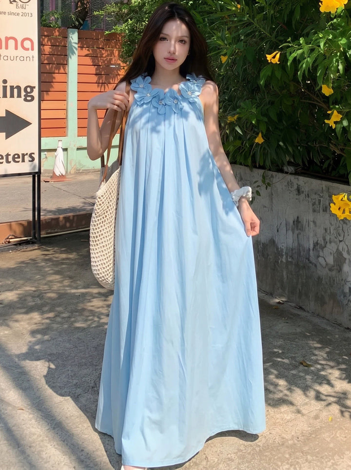 【dress】立体感フラワーロングベストワンピース Q8641