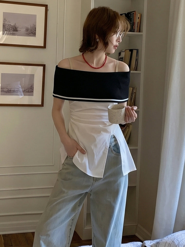 【tops】オフショルダーニットドッキングトップス Q8698