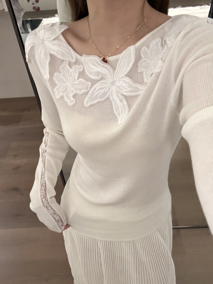 【tops】立体フラワー付きニットトップス Q9138