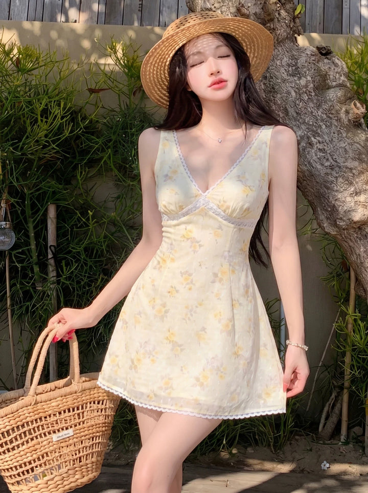 【dress】フラワー柄レースドッキングキャミワンピース Q8713