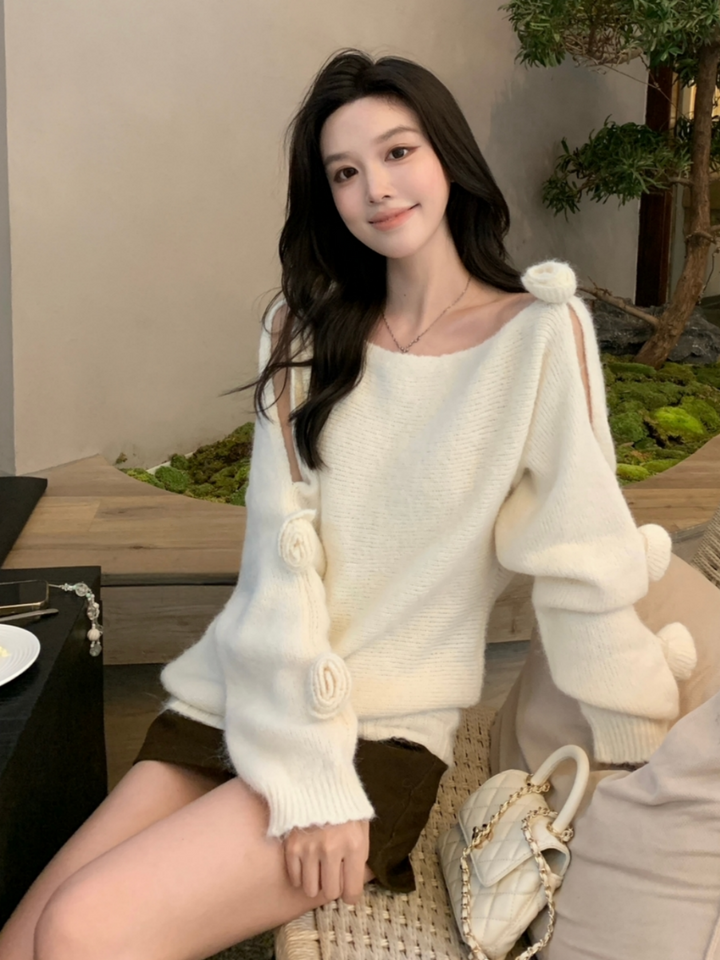 【tops】立体フラワー付きニットトップス Q9260