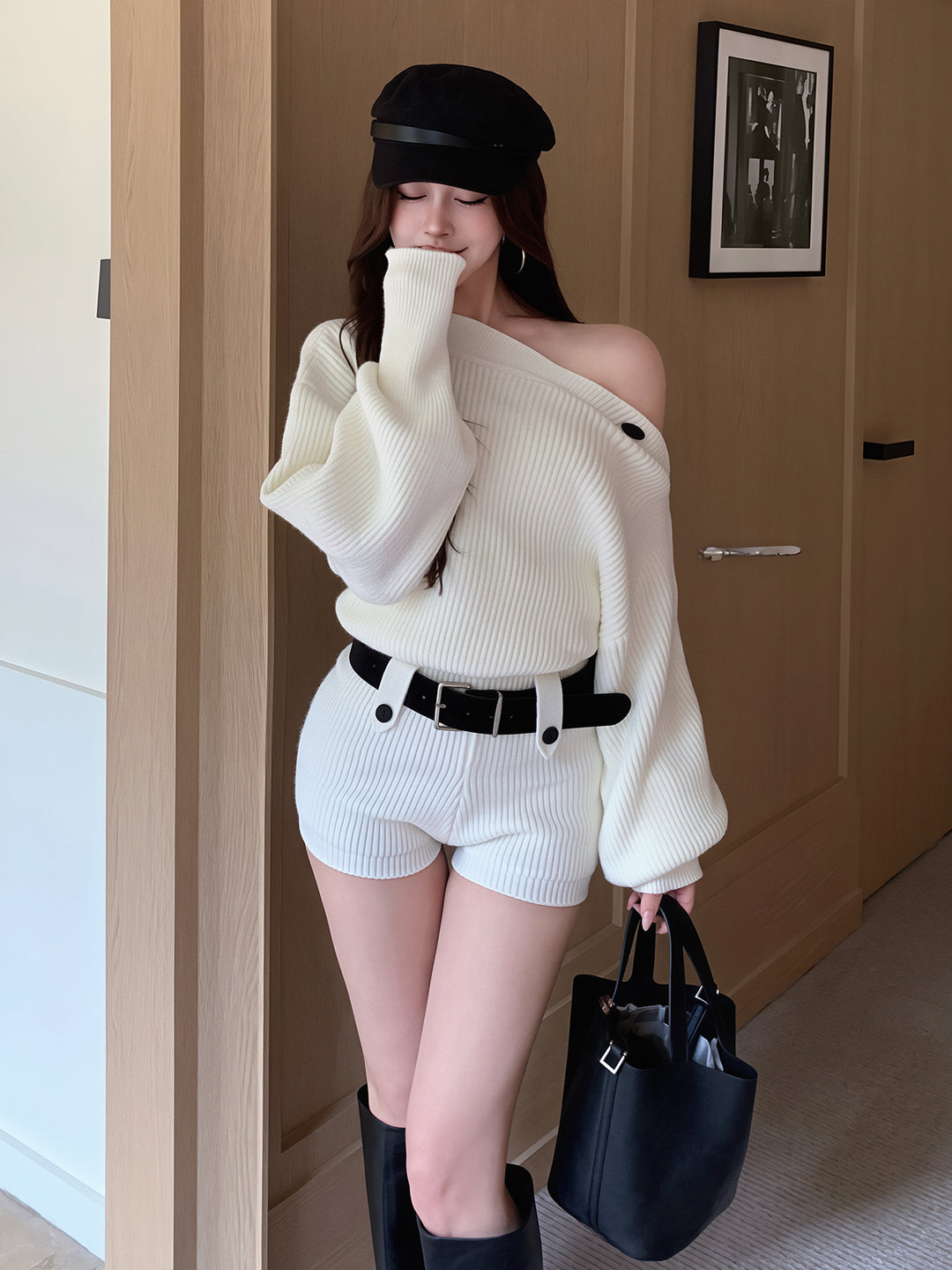 【set】ワンショルダーニットトップス×ベルト付きショートパンツセット Q9339