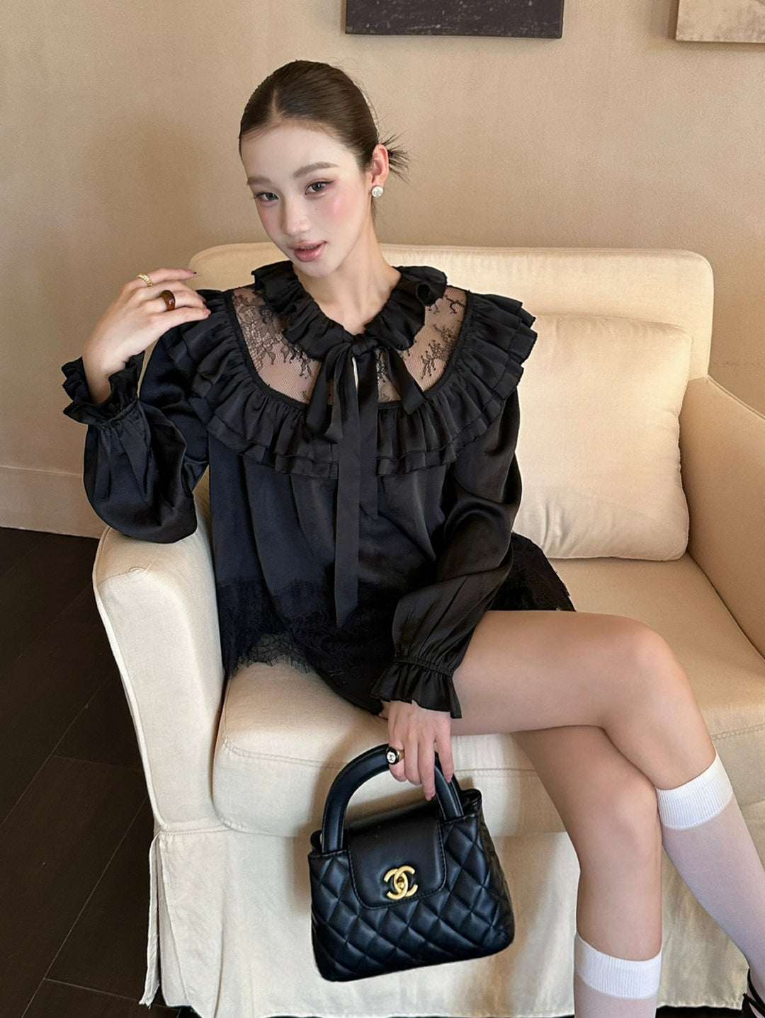 【tops】レースドッキングギャザーフリルトップス Q8975