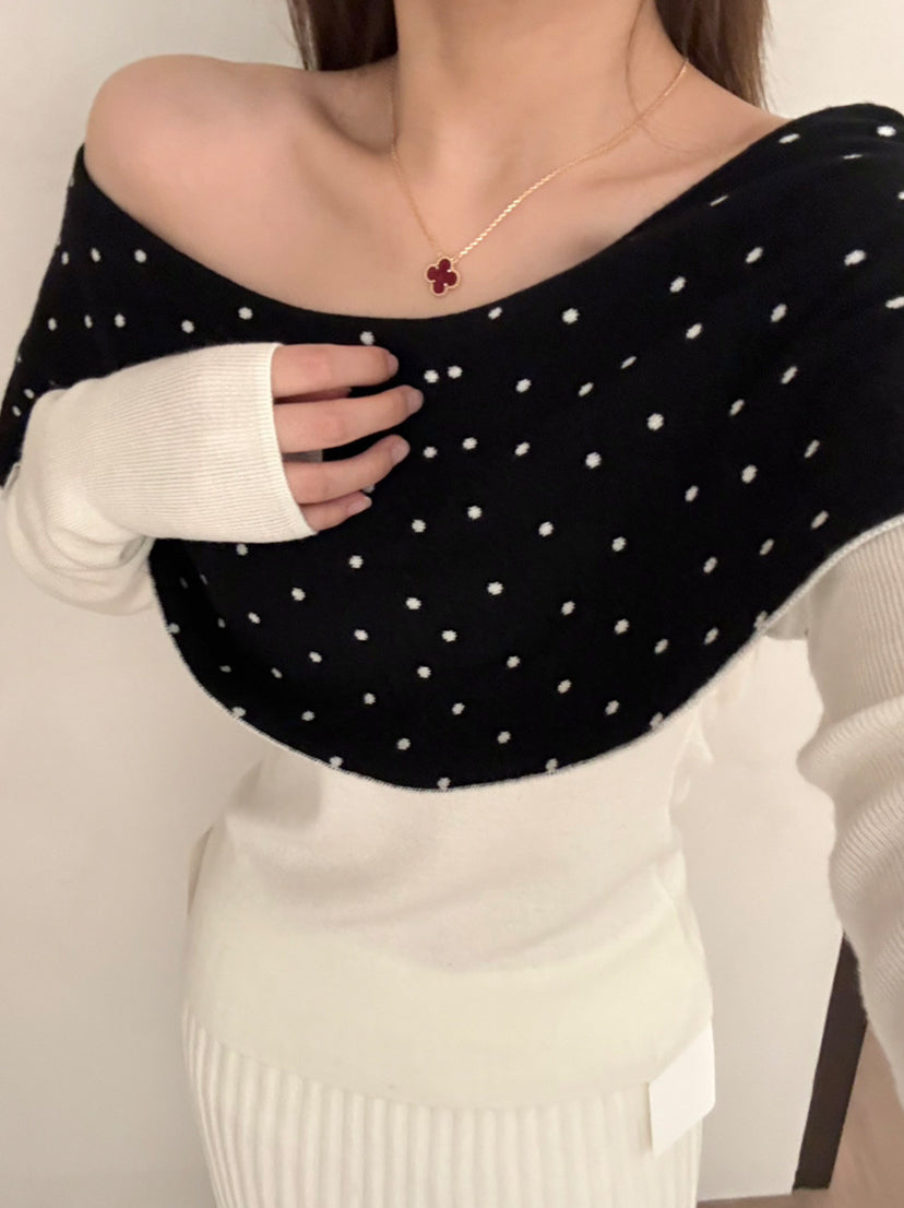 【tops】ドット柄カラーニットトップス Q9143