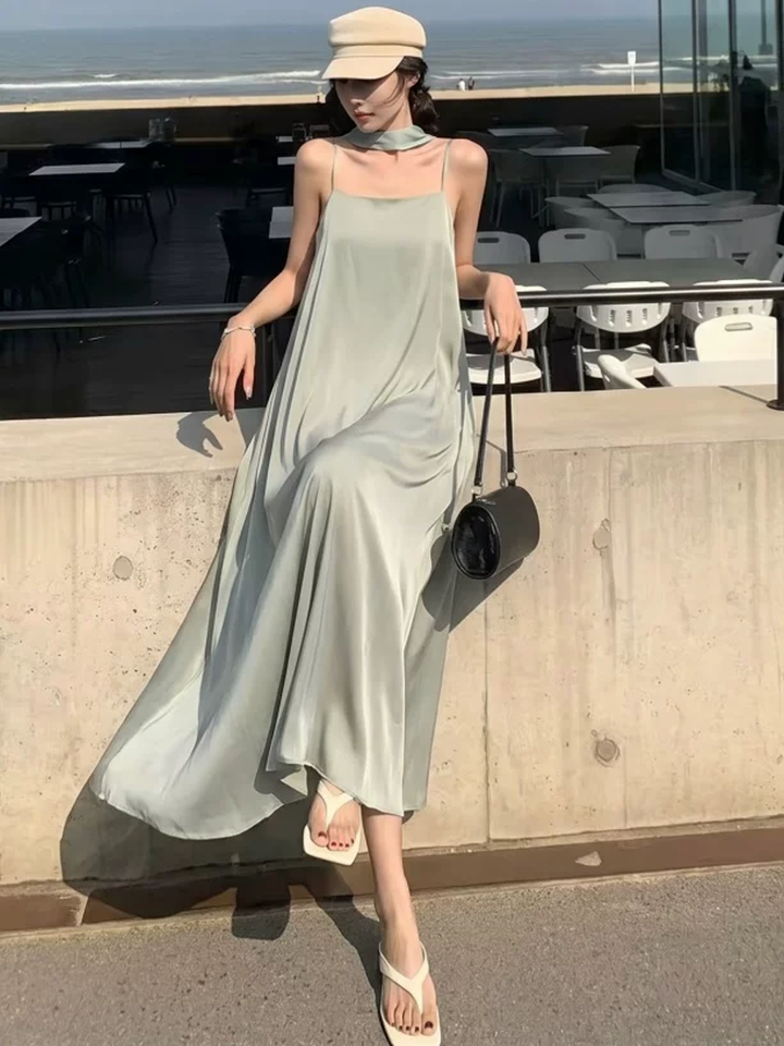 【dress】スカーフ付きサテンロングキャミワンピース Q8621