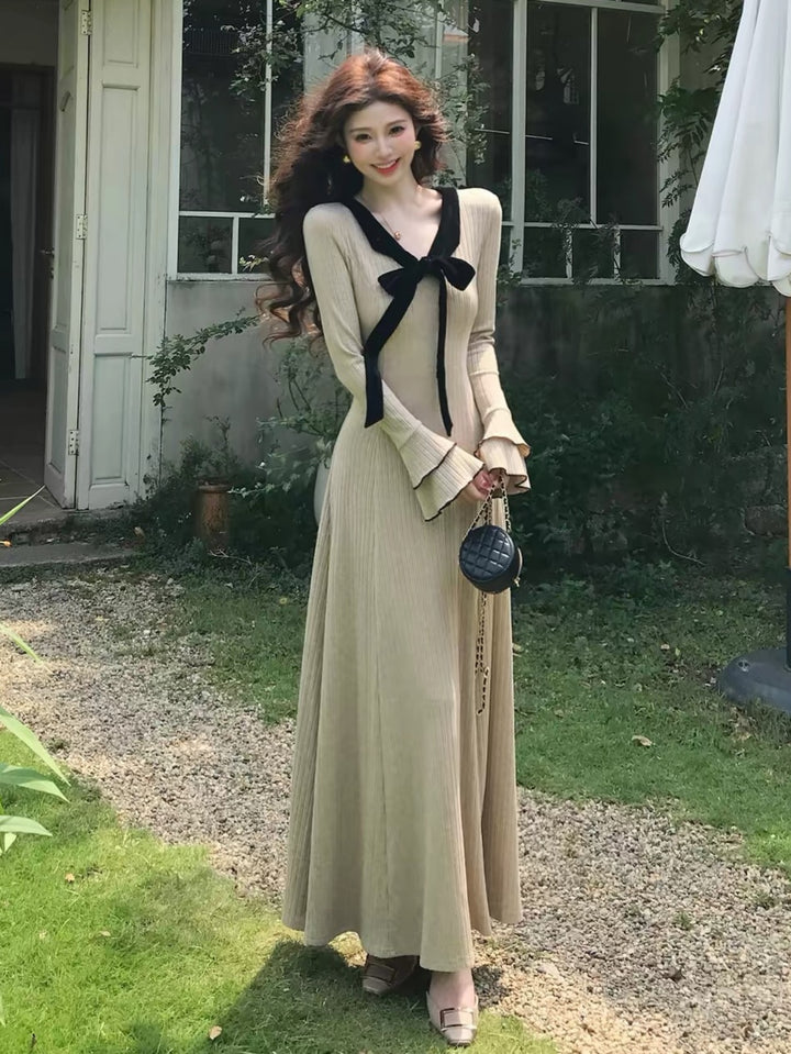 【dress】リボン付きニットロングワンピース Q9265