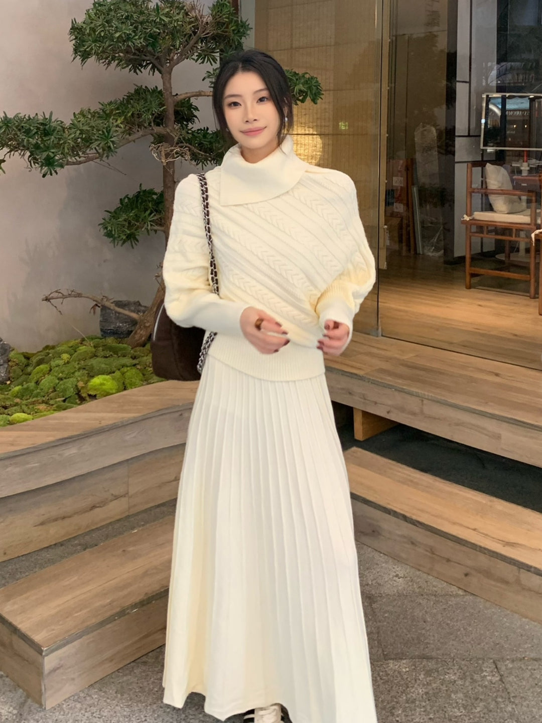 【set】ハイネックニットトップス×ロングスカートセット Q9253