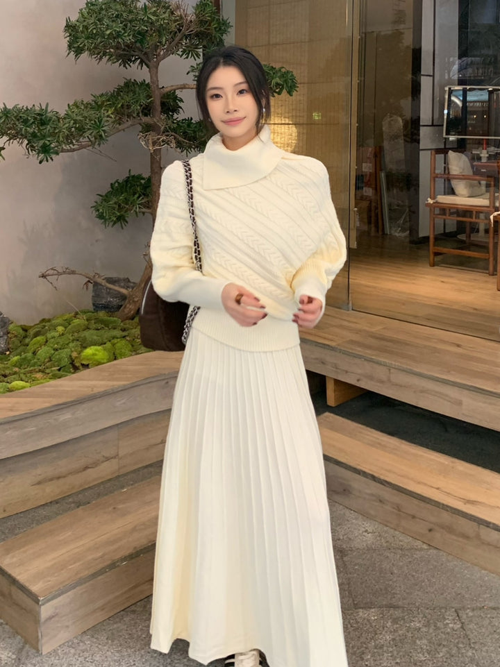 【set】ハイネックニットトップス×ロングスカートセット Q9253