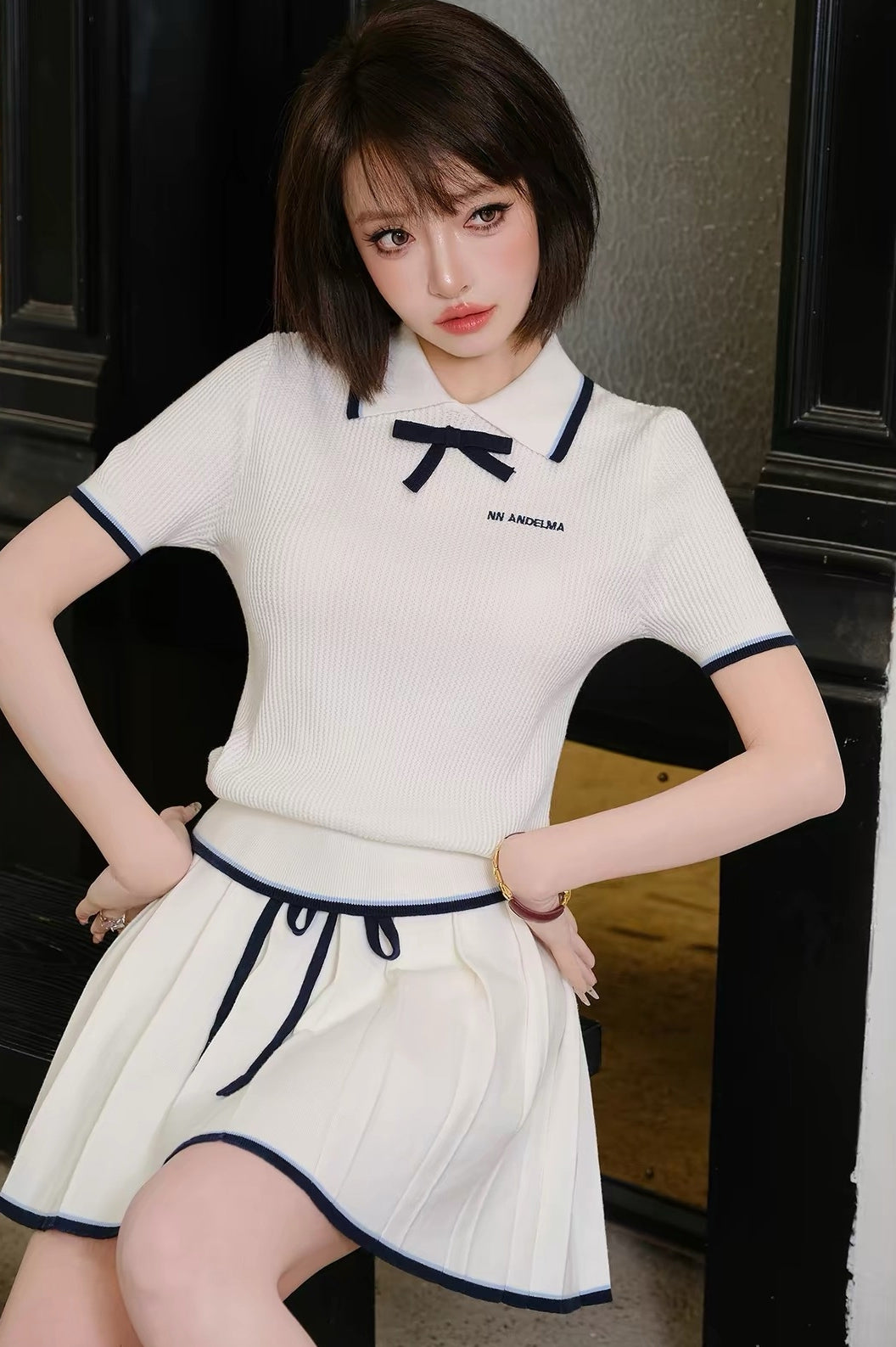 ポロシャツとプリーツスカートセット set】ニットポロシャツ×プリーツスカートセット Q8946 – NANASTYLE