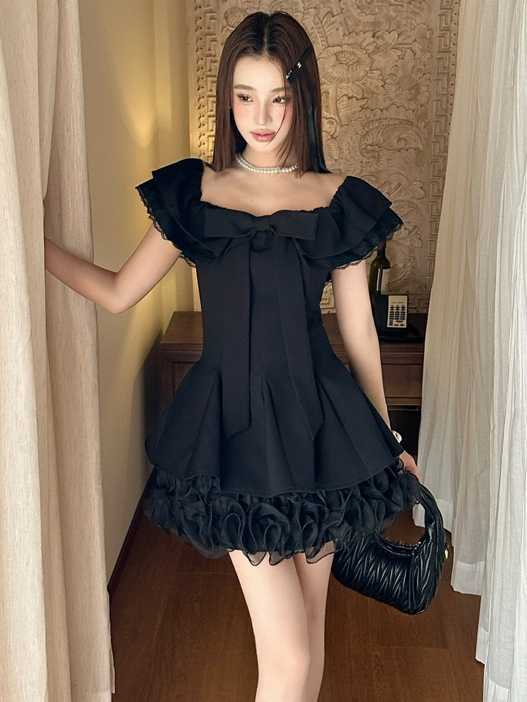 【dress】リボン付きレースドッキングミニワンピース Q8692