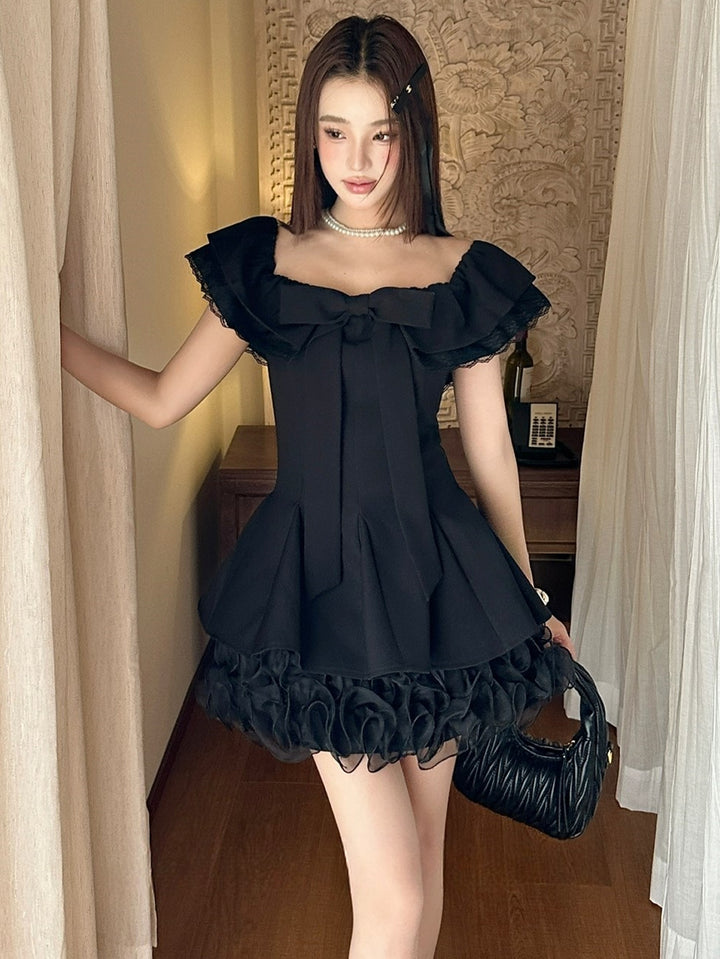 【dress】リボン付きレースドッキングミニワンピース Q8692