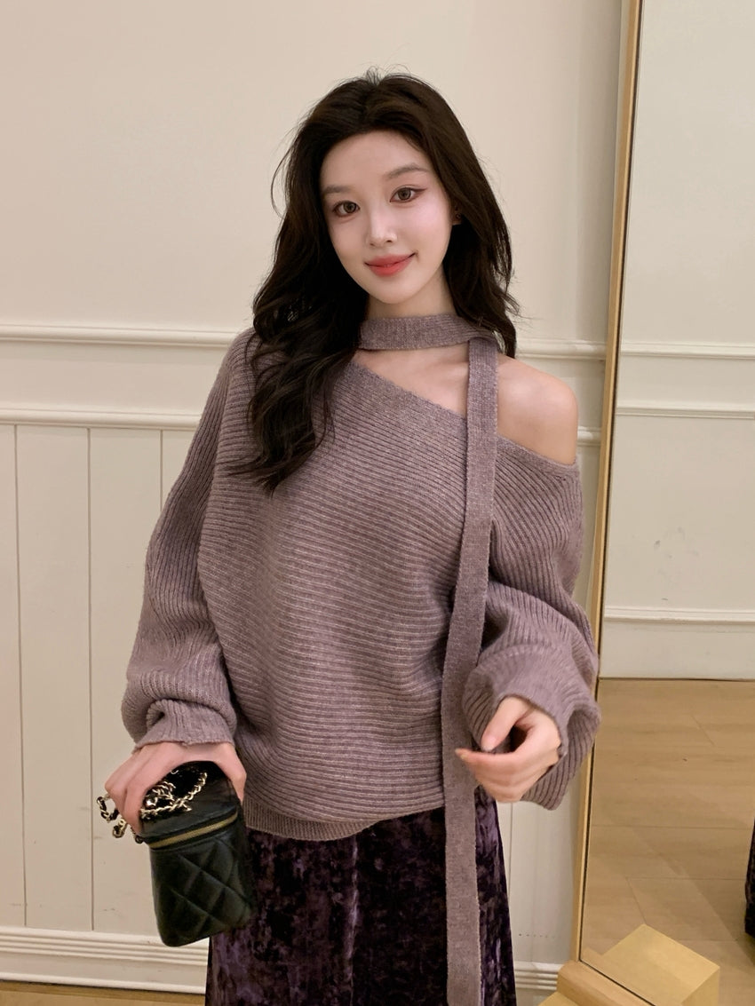 【tops】スカーフ付きニットトップス Q9241