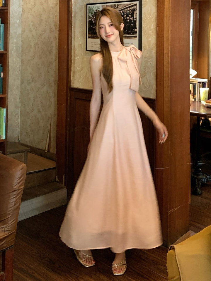【dress】ノースリーブリボン付きロングワンピース Q8663