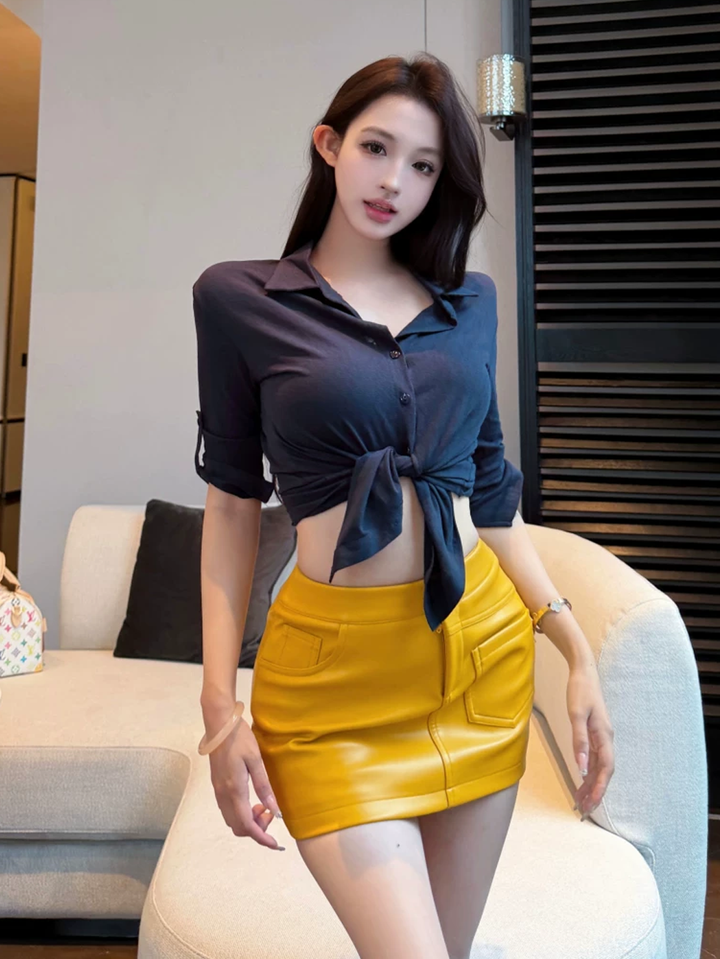 【set】ショートポロシャツ×PUミニスカートセット Q8576