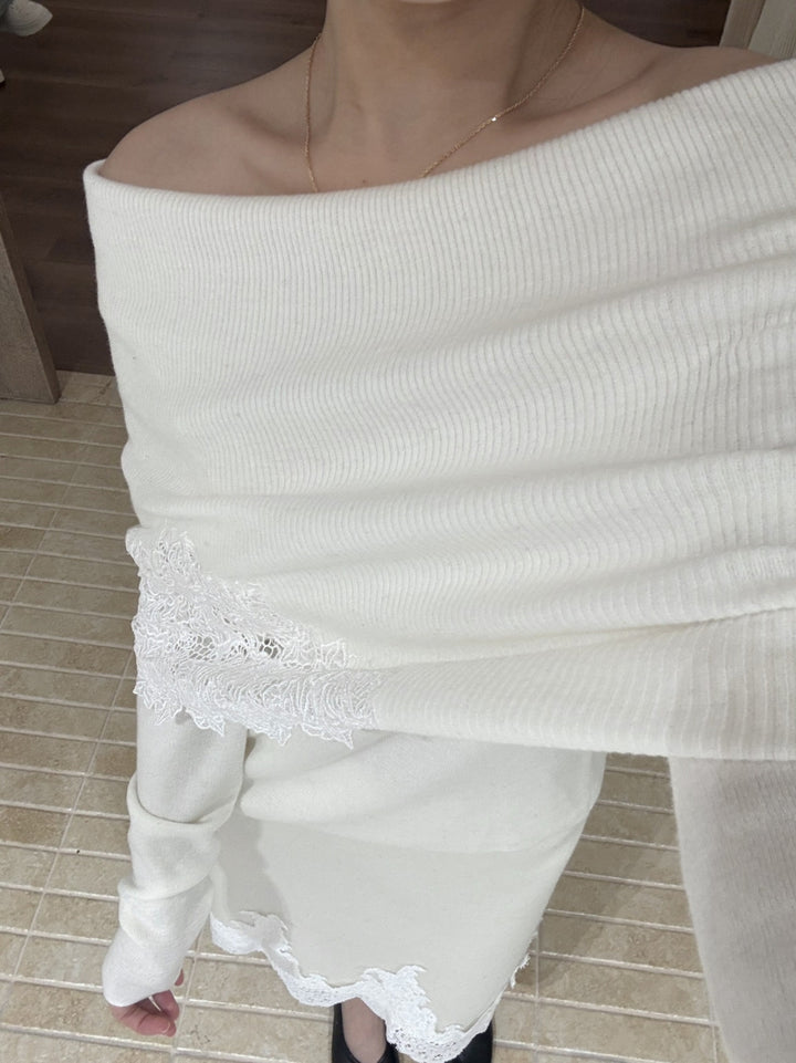【tops】オフショルダーレースドッキングニットトップス Q9126