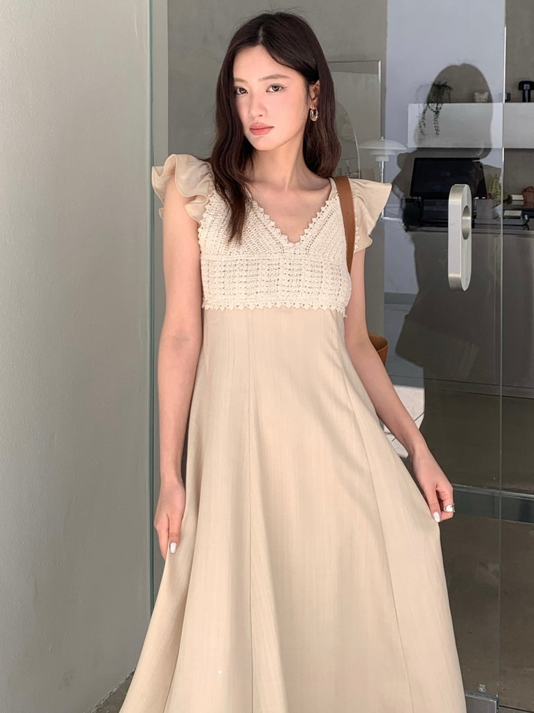 【dress】レースドッキングフラッタースリーブワンピース Q8672