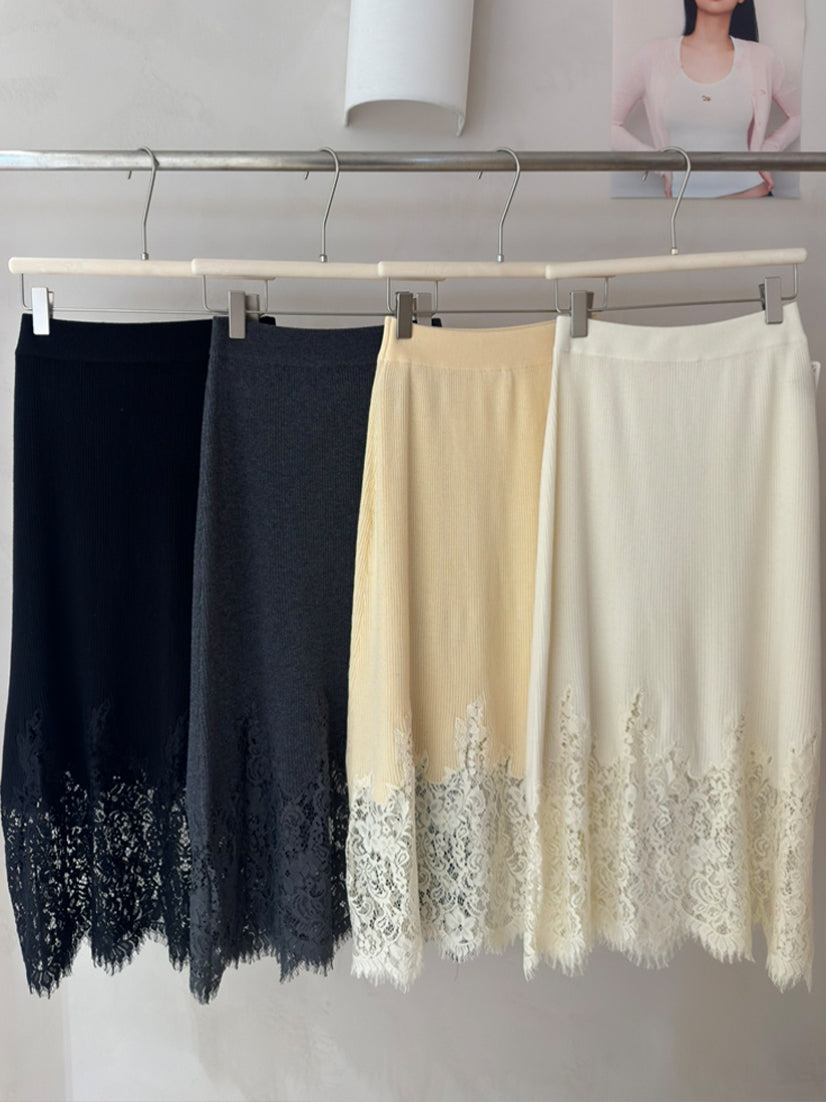 【bottoms】レースドッキングニットロングスカート Q9149