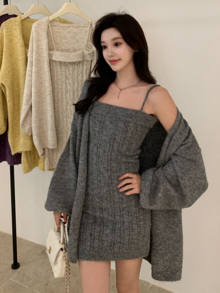 【set】ニットキャミワンピース×ニットカーディガンセット Q9257