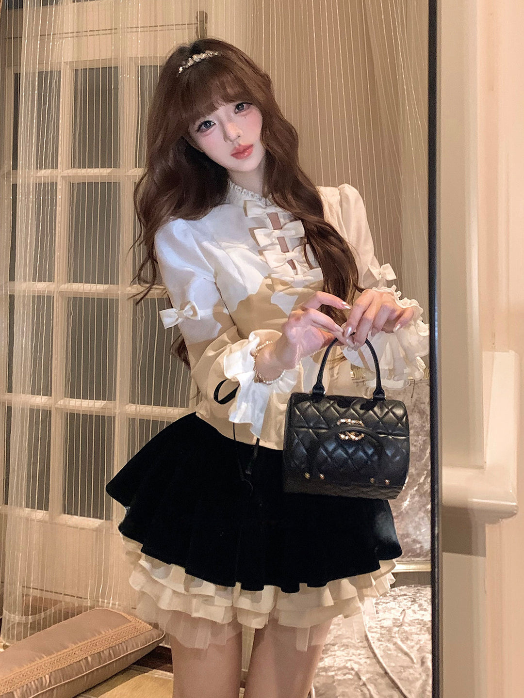 【set】リボン付きシャツ×ベルベットドッキングミニスカートセット Q9227