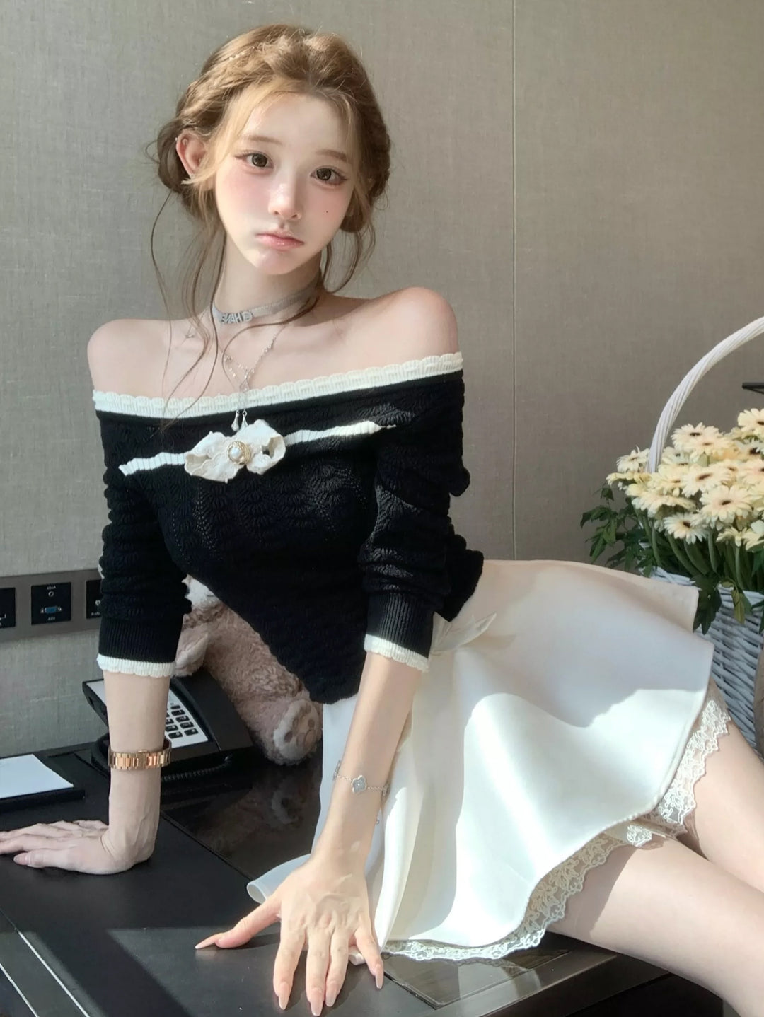 【tops】オフショルダーニットトップス Q9079
