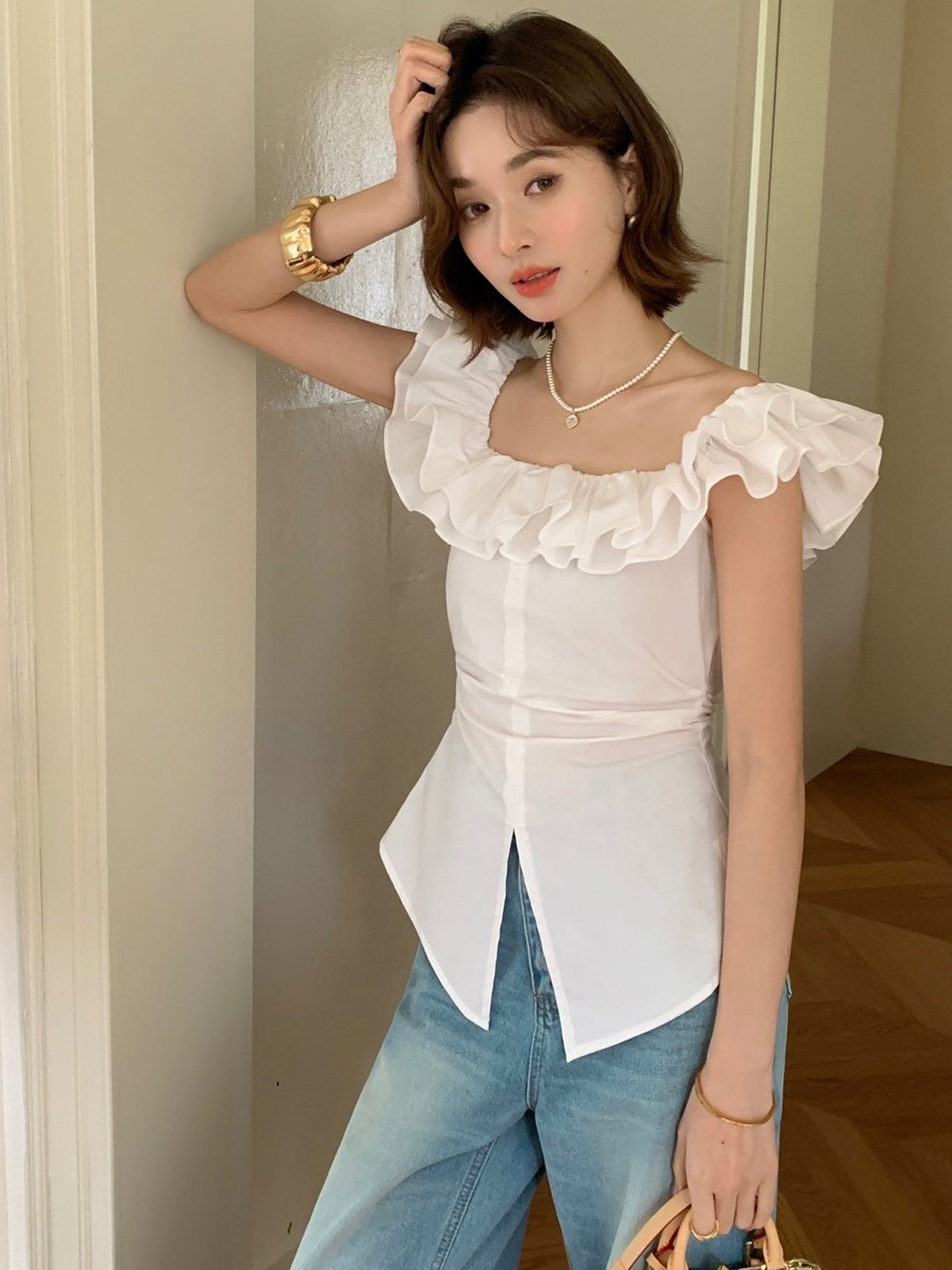 tops】オフショルダーギャザーフリルトップス Q8693 – NANASTYLE