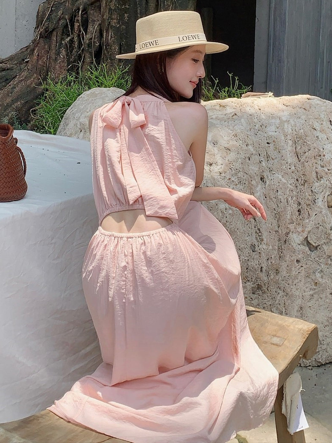 【dress】ノースリーブバックリボンロングワンピース Q8650