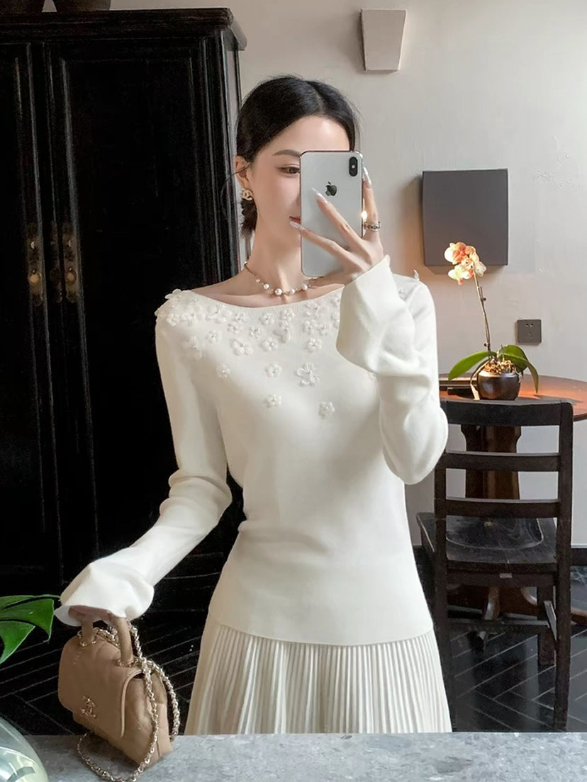 【tops】立体フラワー付きニットトップス Q9091