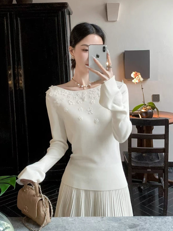 【tops】立体フラワー付きニットトップス Q9091
