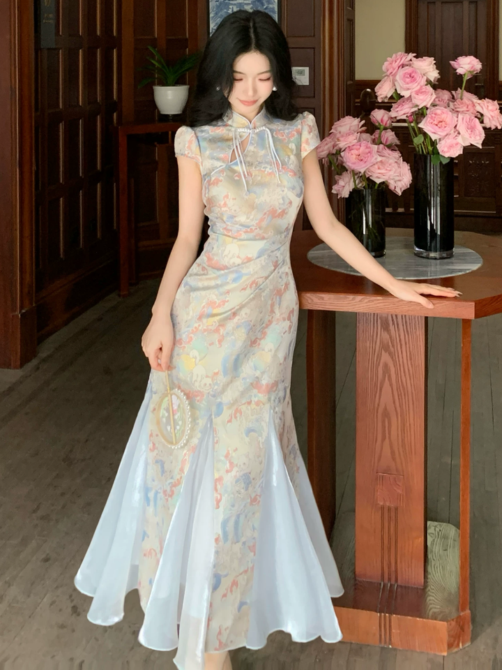 【dress】半袖サテンドッキングロングワンピース Q8542