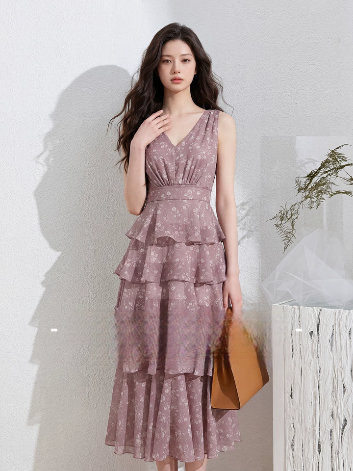 【dress】フラワー柄ノースリーブロングティアードワンピース Q8537